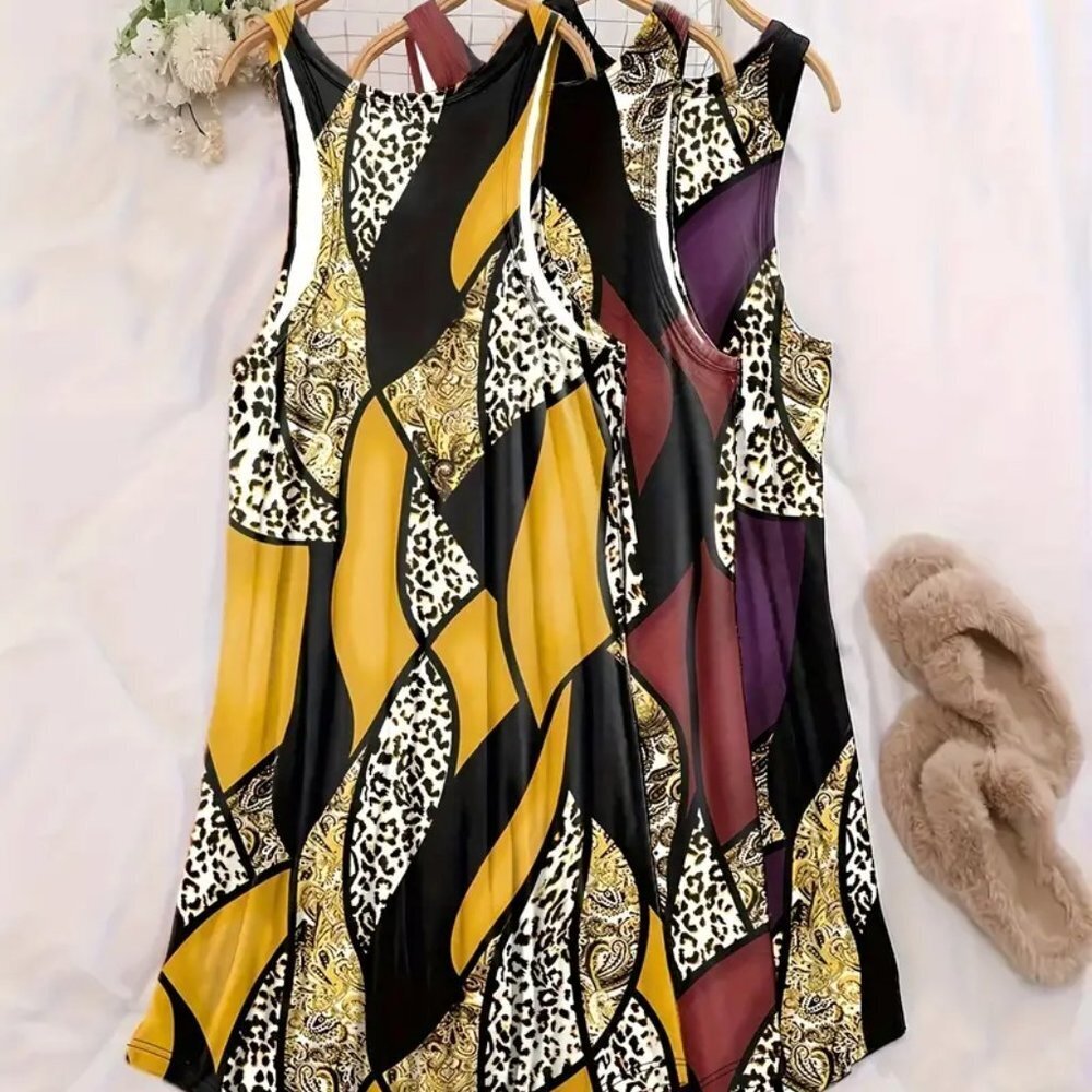 BOGO 5X Plus Size Retro Leopard & Paisley Round Neck Tank Nightdress PJs Lounge